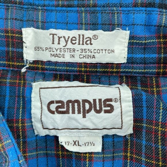 Vintage Campus Blue Plaid Western Shirt XL Snap Button Cotton Blend Mens 0436 - Picture 3 of 8